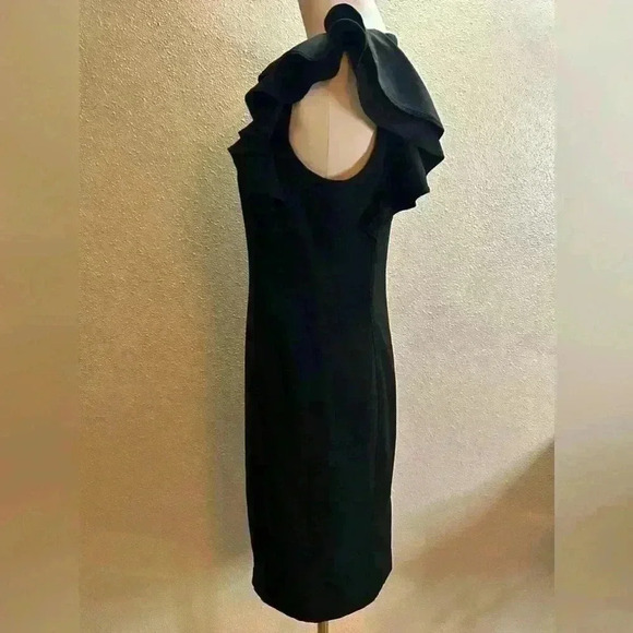 Calvin Klein Black Ruffle Shoulder Sheath Dress Size 6 - Picture 3 of 5